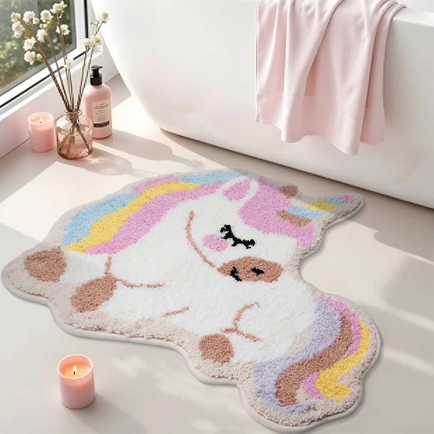 Dunzy Unicorn Rainbow Bath Mat 24 x 24 Inch Pastel Bathroom Decor Rug Cute Cartoon Irregular Unicorn Shapes Rug Absorbent Machine Washable Bath Mats for Girl Princess Room Bedroom