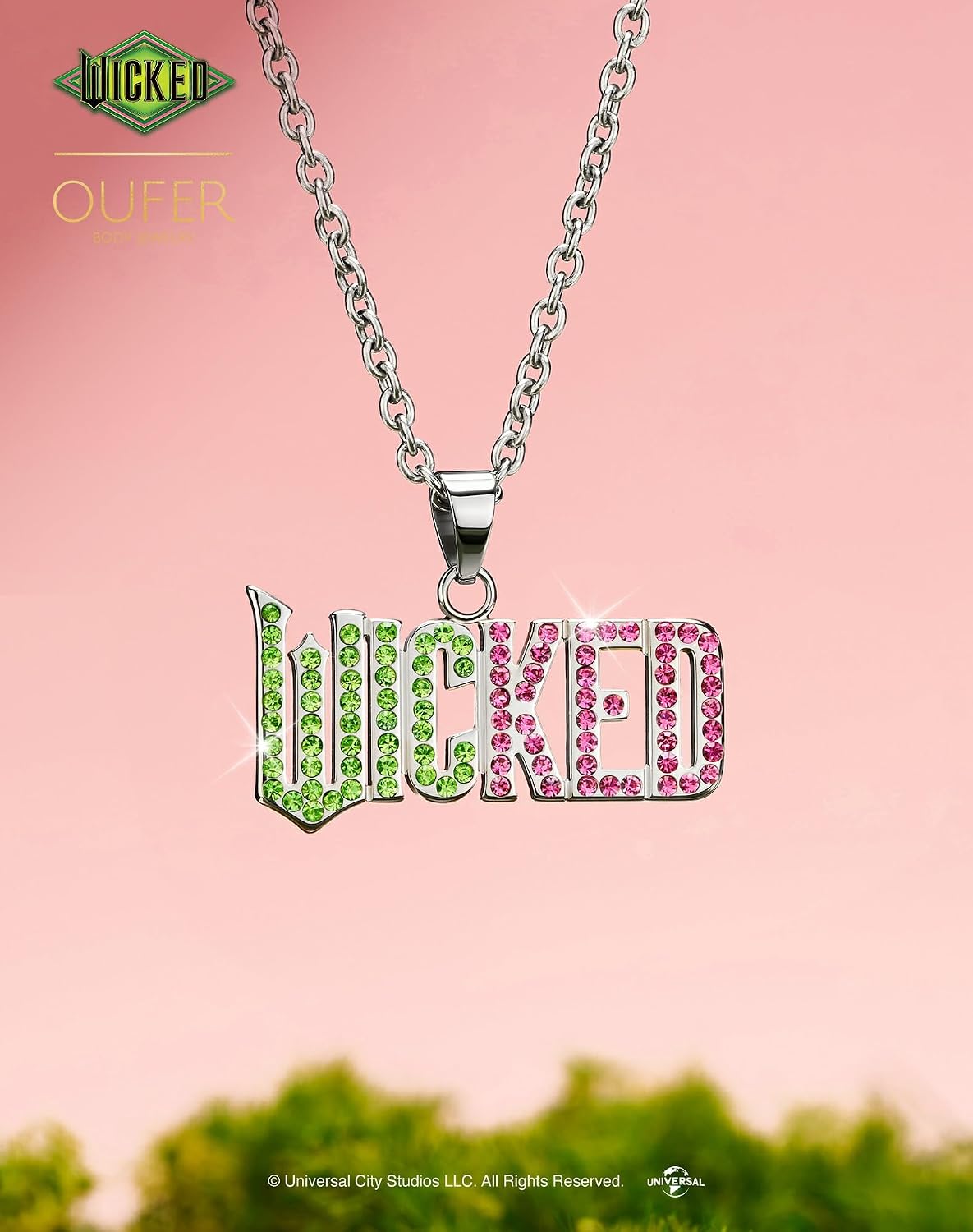 OUFER Officially Licensed Wicked Pendant Necklace, Stainless Steel CZ Pendant Necklace, Keepsake Box Included, Adjustable 15.75–17.72 in (40–45 cm), Gold Tone PVD/Silver/Green & Pink CZ
