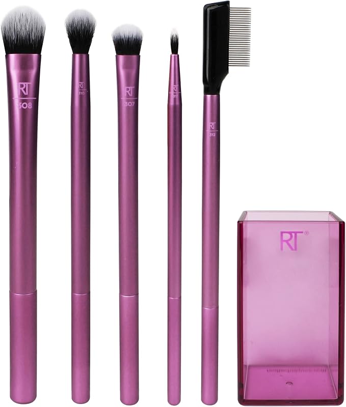 Real Techniques Juego de ojos mejorado sin crueldad, brochas para sombra de ojos y cejas, morado, kit de brochas de maquillaje de 6 piezas