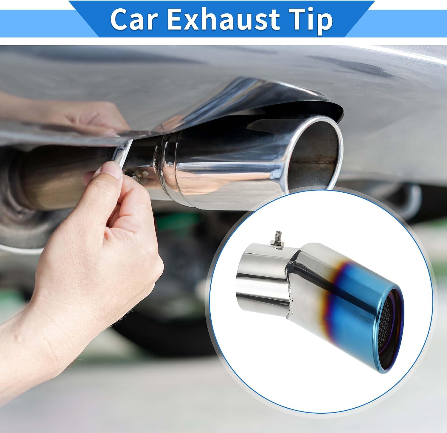 1 Pc Curved Slant Cut Exhaust Tip 2.9" Inlet 4.0" Outlet 6.9" Length Tailpipe Universal Car Bolt on Stainless Steel Burnt Blue Rear
