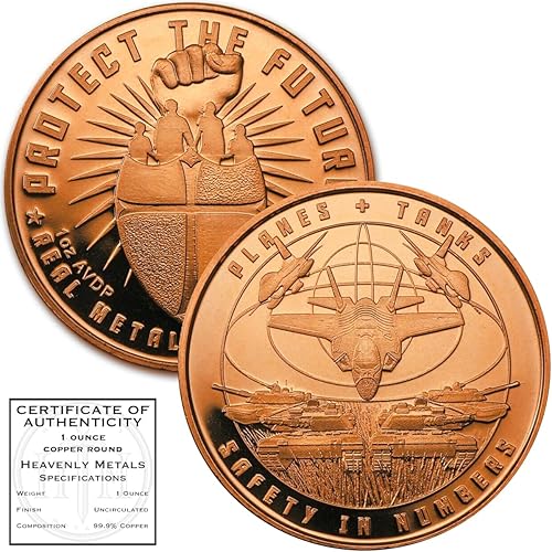 Miniatura 1 de Aviones y tanques de seguridad en números  Protege el futuro metal real, valor real  Moneda de lingote redondo de cobre puro .999 de 1 oz en cápsula