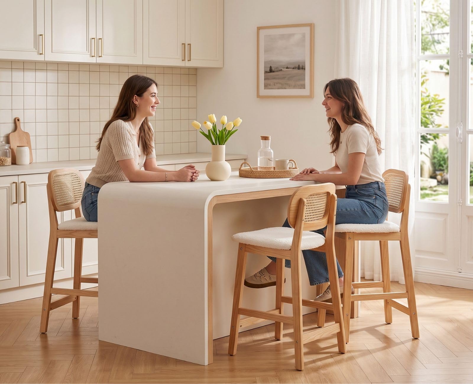 chairus Set di 2 Sgabelli da Cucina in Legno Sgabelli da Bar in Pelliccia Sintetica Sedie Alte con Schienale in Rattan Sgabelli Imbottiti per Bar/Sala da Pranzo/Banco, Beige
