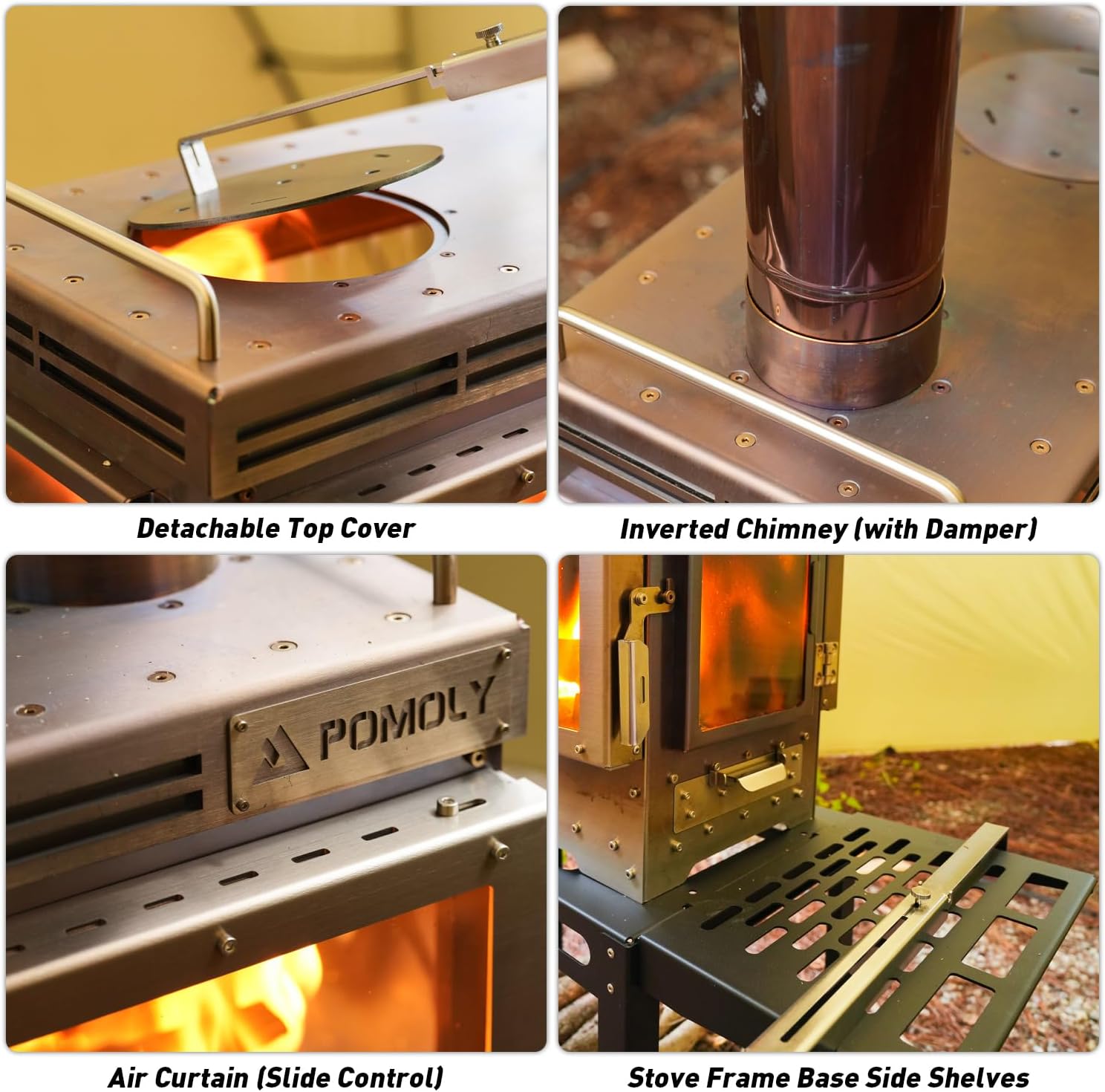 POMOLY Camping Tent Stove Wood Stove, Dweller Ultra 3 Stainless Steel Wood Burning Stove and Storage Base for Cooking, Heating (with 3 Glasses)