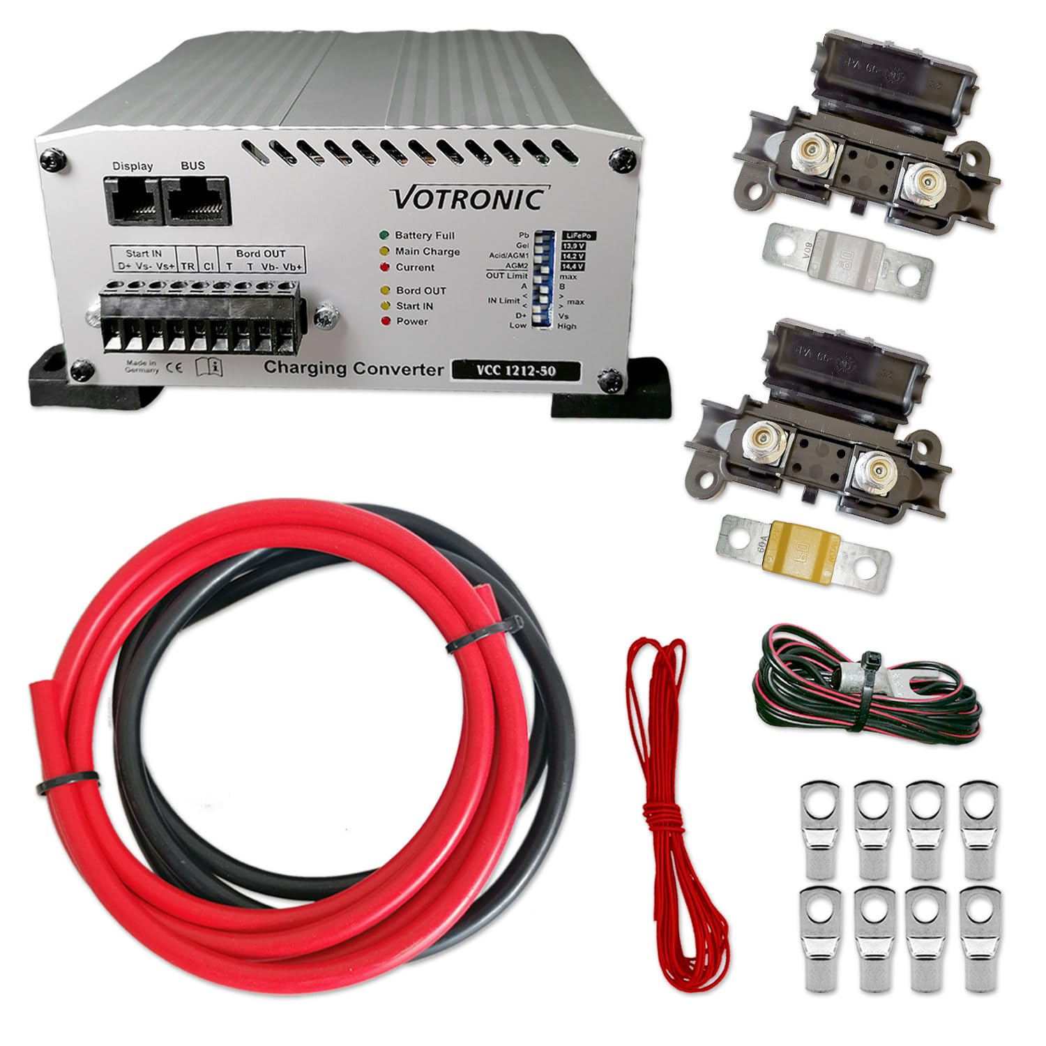 Zweitbatterieset VCC 1212-50 Ladebooster 12 V 50 A | DC-DC B2B-Lader | 3,5 m 16 mm² Kupfer-Kabelsatz | MidiVAL Sicherungen 60/80 A | EURO6 kompatibel
