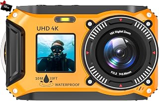 Sisusy 4K 64MP Underwater Camera: 33FT Waterproof Dual-Screen Floatable Autofocus for Snorkeling & Diving - Yellow