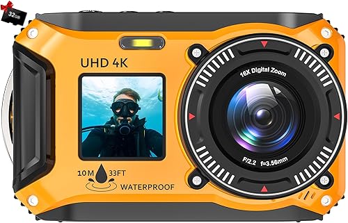 Miniatura 8 de Cámara subacuática 4K de 33 pies impermeable para snorkel con tarjeta de 32 GB de doble pantalla, compacta a prueba de polvo, enfoque automático
