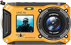 Câmera subaquática UHD 4K 56MP 33FT para mergulho com cartão de 32 GB, tela dupla, compacta, à prova d'água, à prova de poeira, flutuante, ponto de foco automático e disparo, bateria de 1500 mAh