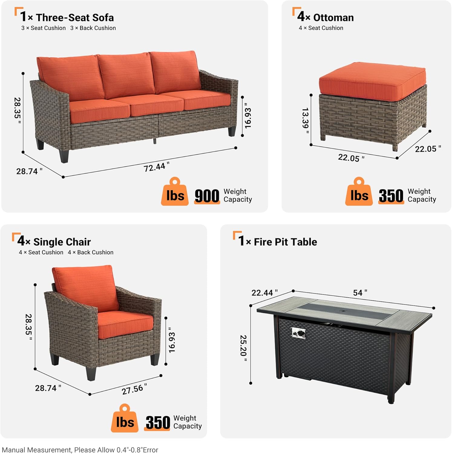 10 PCS Outdoor Patio Furniture 54in Set with Fire Pit Table, All-Weather Rattan Wicker Conversation Group with Deep Seating, High Back Comfort for Porch, Backyard, Orange