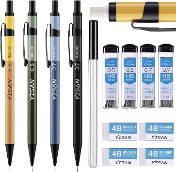 YISAN Metal Mechanical Pencil Set 0.5 & 0.7mm,Automatic Pencil,Propelling Pencil Lead Pencils 4 PCS with Erases and HB Lead Refills for Writing,Skeching,Drawing,70733