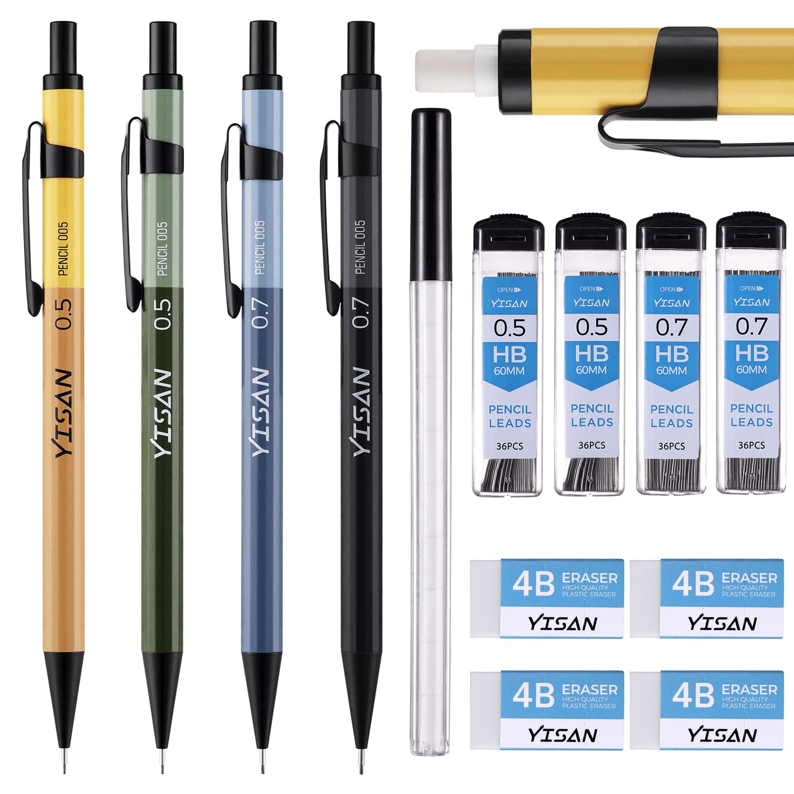 YISAN Metal Mechanical Pencil Set 0.5 & 0.7mm,Automatic Pencil,Propelling Pencil Lead Pencils 4 PCS with Erases and HB Lead Refills for Writing,Skeching,Drawing,70733