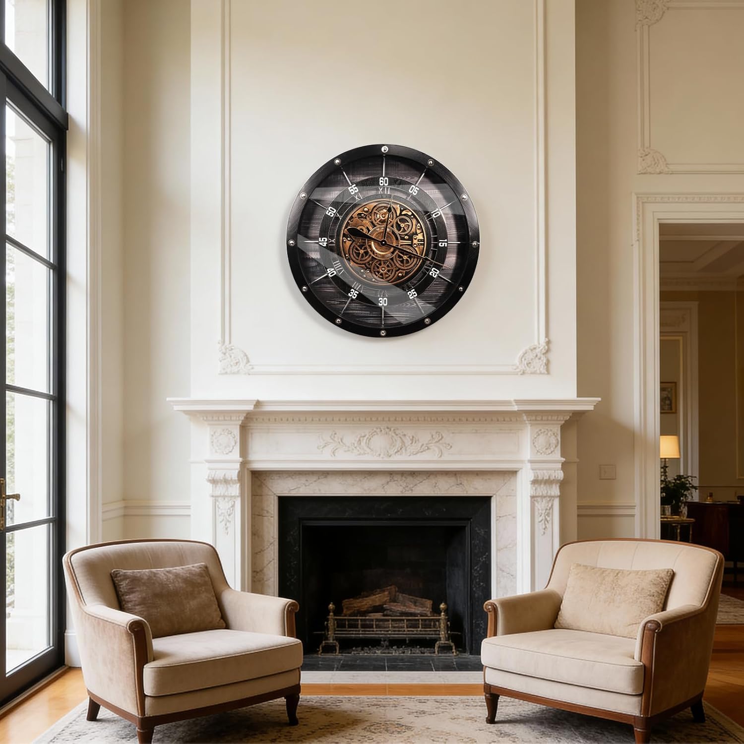 HOIBAI Large Wall Clock for Living Room Decor 36 Inch Farmhouse Vintage Rustic Kitchen Vintage Roman Oversized Wall Clock for Home Bedroom House Office, Moving Gears Clock(36 Inch,Vintage Wood Black)