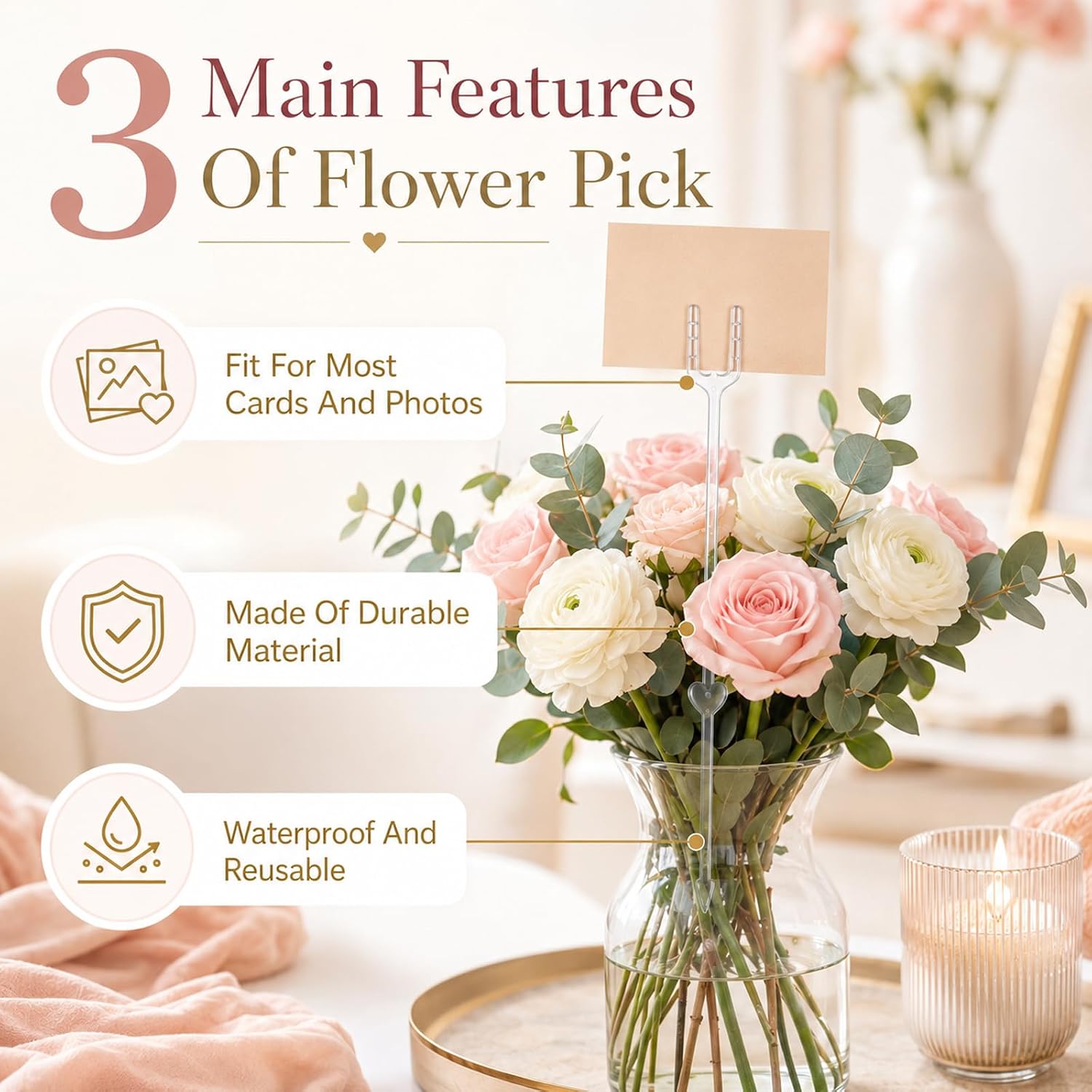 Oqqlin 240 Pcs Floral Card Holder Picks, 9.4 Inch Clear Plastic Flower Card Holders Picture Memo Clip Holder for Wedding, Party, Birthday, Baby Shower Supplies