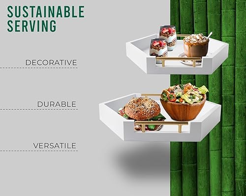 Miniatura 4 de Bandejas de servir de panal con asas doradas, juego de 2 bandejas hexagonales de bambú para anidar  Juego de bandejas grandes y pequeñas para