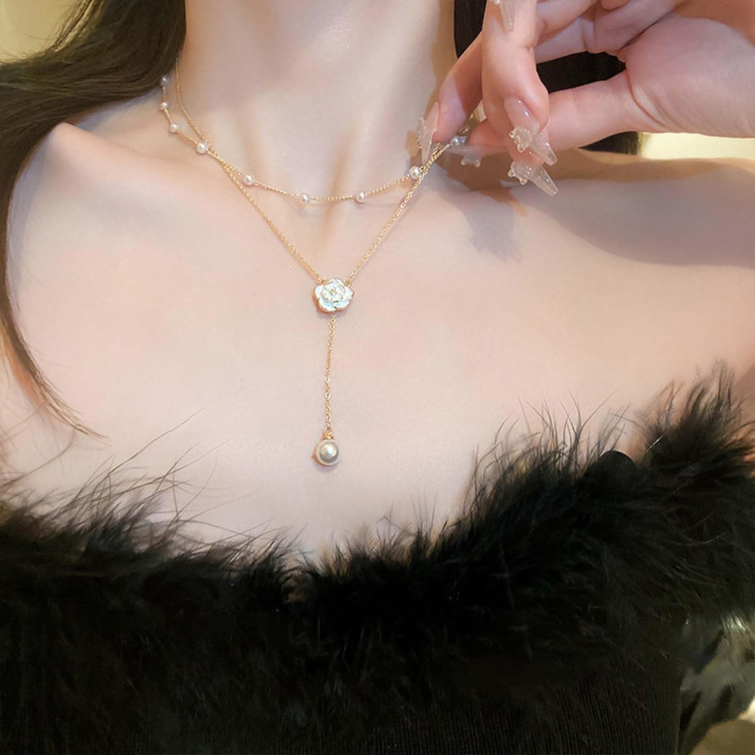 Boho Pearl Drop Necklace for Women Layered White Flower Pendant Necklace Pearl Y Necklace Chain Flower Y Lariat Necklace Pearl Y Drop Chain Necklace Gold Pearl Bead Necklace Jewelry for Girls - Image 6