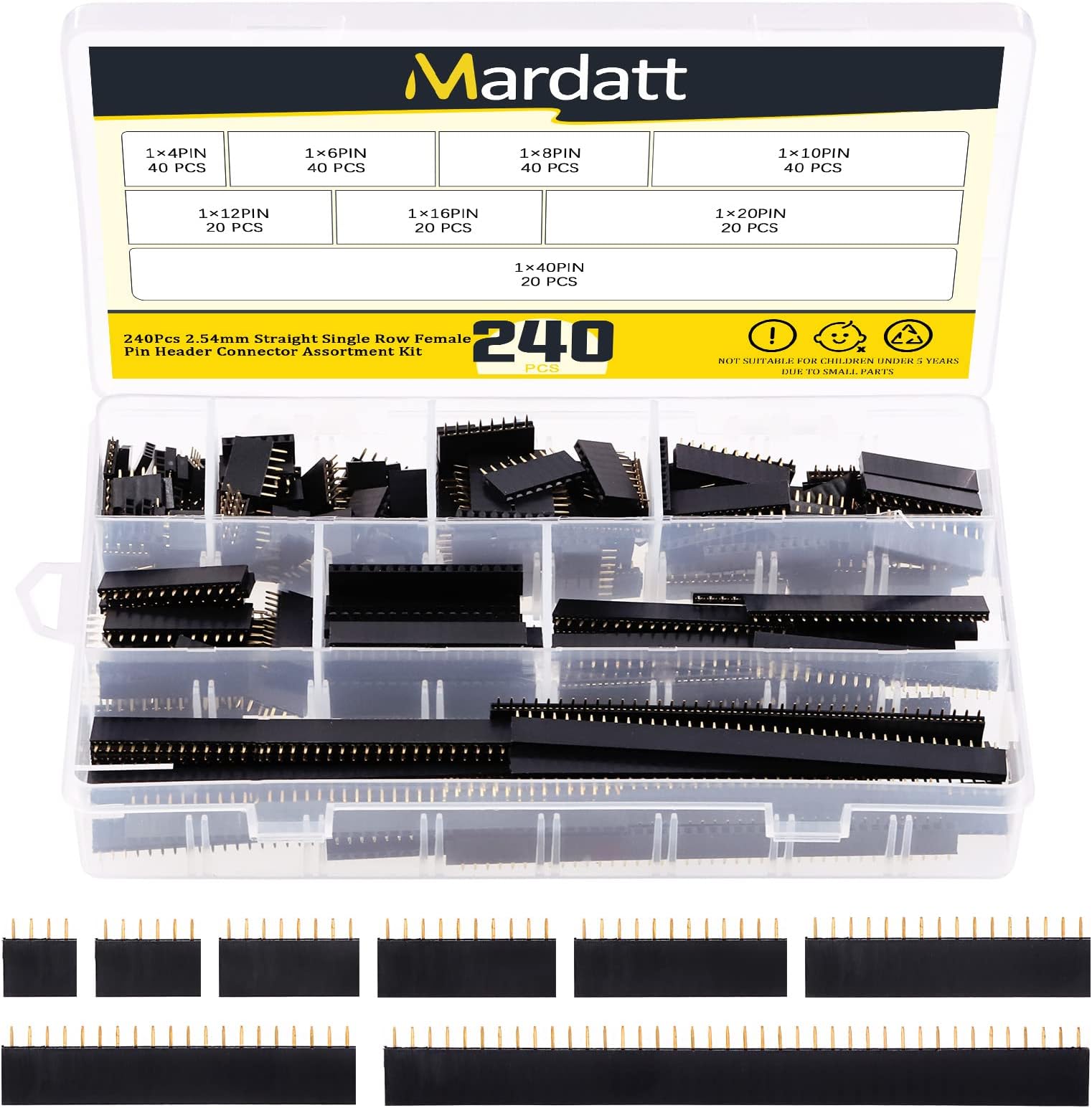 240Pcs 2.54mm Female Pitch Straight Single Row Pin Headers Socket Assortment Kit 4/6/8/10/12/16/20/40 Pins Connector Housing PCB Board Pin Connector Set