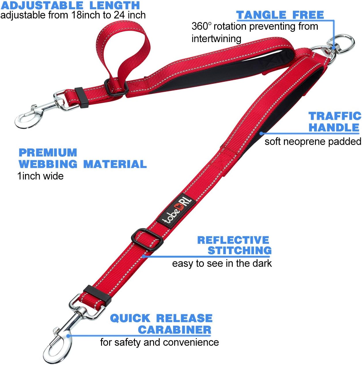 tobeDRI Double Dog Leash Coupler - 2 Padded Handles, Adjustable from 18 to 24 Inch - Heavy Duty Dual Dog Leash for 2 Dogs for Medium Large Dogs (Red)