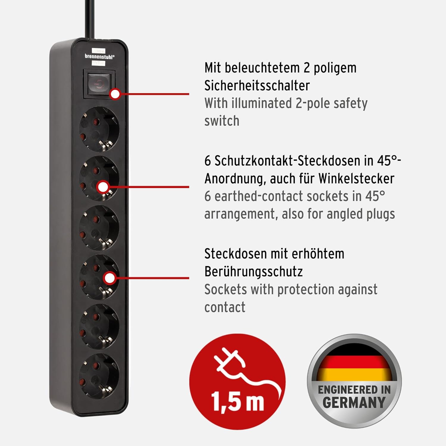 Brennenstuhl Power Strip 1153260000 Ecolor 6 Surge Protector 1.5 m Black