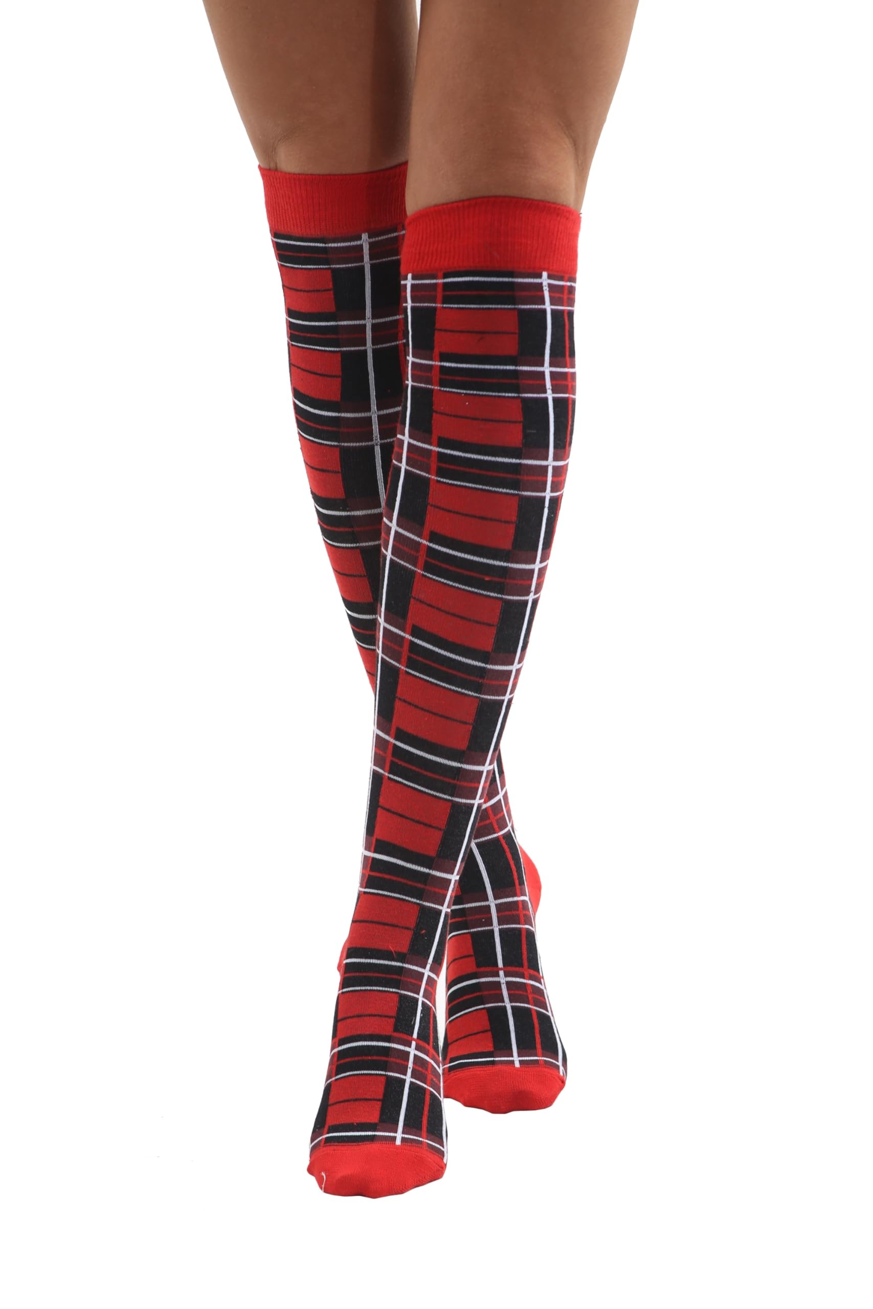 FNA FASHIONS® Over the Knee Socks – Thigh High Cotton Socks | Long, Soft & Stretchy Boot Socks for Women & Girls | Plain & Striped Knee High Stockings (Tartan Red Checkered OTK Socks)