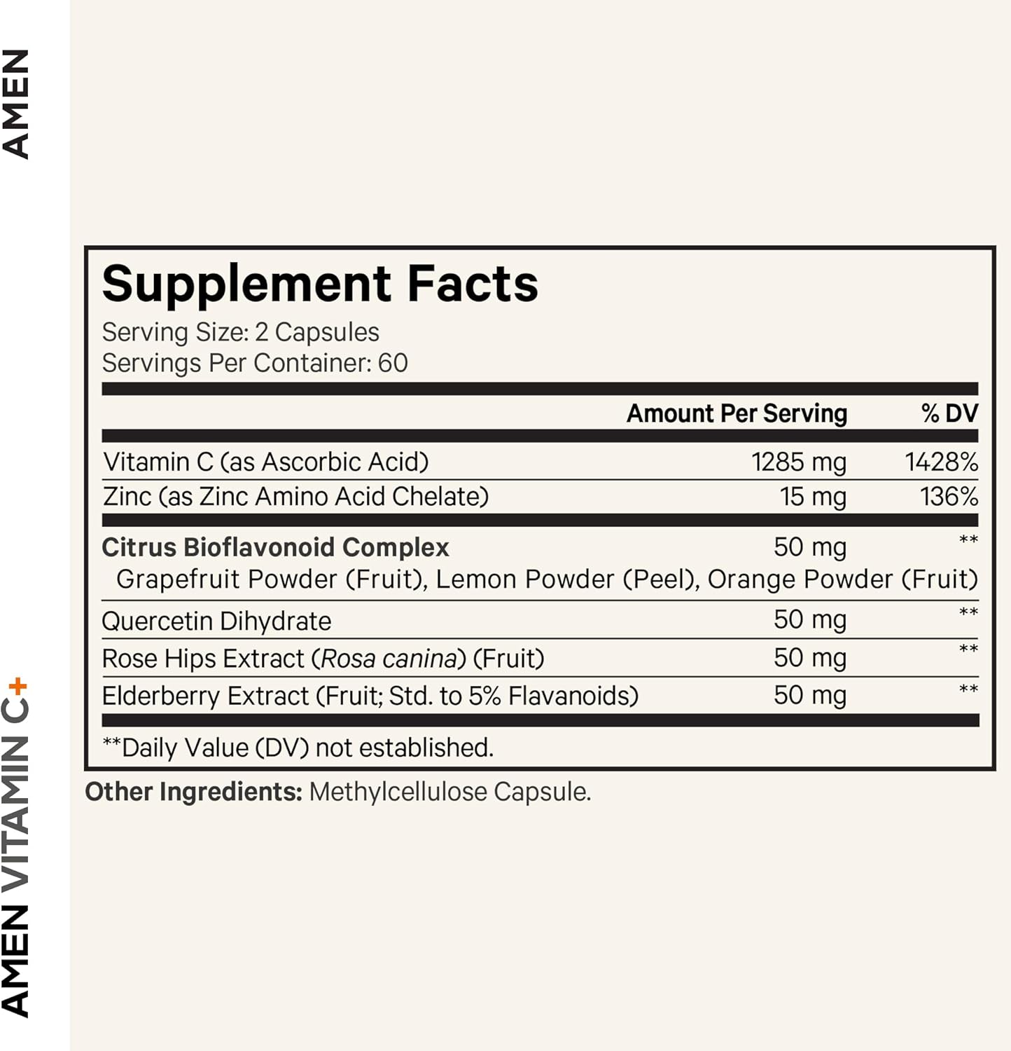 Amen Vitamin C+ Supplement with Zinc, Bioflavonoids, Quercetin, Rose HIPS, Elderberry – Vegan, Non-GMO – 2 Months Supply - 120 Capsules - Image 2