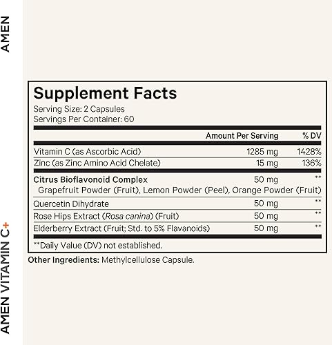 Miniatura 2 de Amen Suplemento de vitamina C+ con zinc, bioflavonoides, quercetina, rosa HIPS, saúco, vegano, sin OMG, suministro de 2 meses, 120 cápsulas