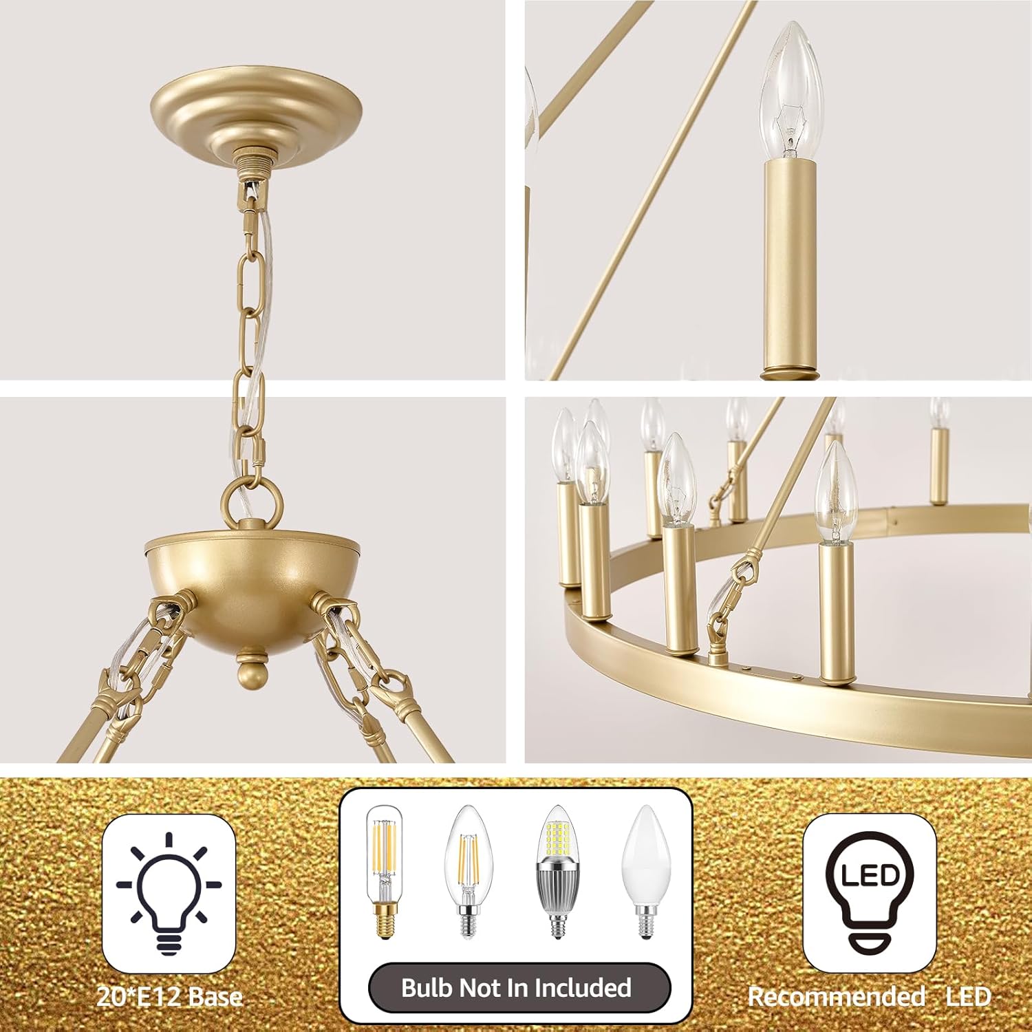 Gold Wagon Wheel Chandelier 40”, 20-Light Farmhouse Wagon Wheel Chandelier for Dining Room, Modern Round Iron Candle Chandeliers Light Fixture for Living Room, Foyer, Entryway, E12