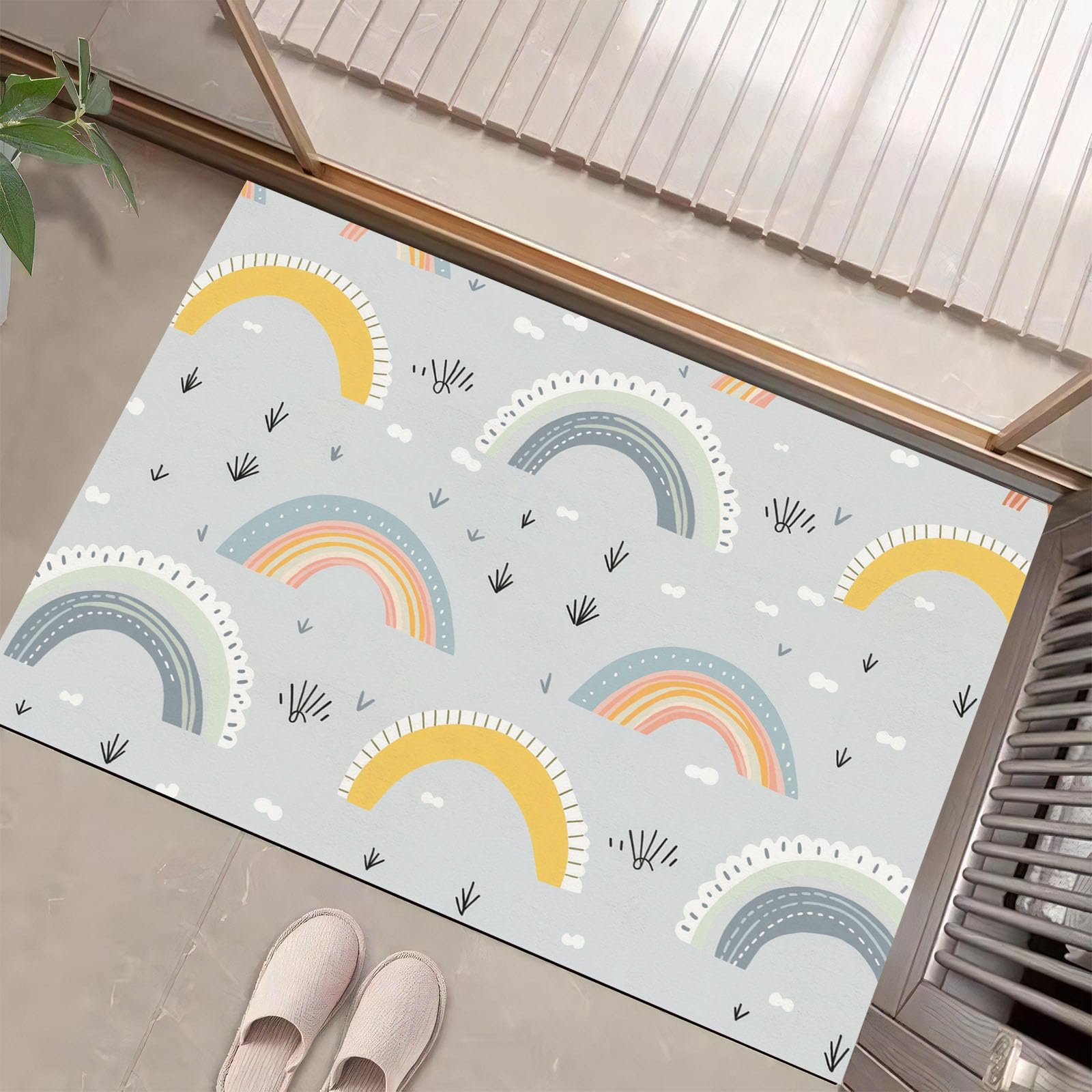 Felpudo Entrada Casa, 80x120cm Alfombra de Puerta Arcoíris Tapetes de Interior Estilo Escandinavo Antideslizante para Decorativo Dormitorios y Zonas Entrada Cuartos, Azul Grisáceo