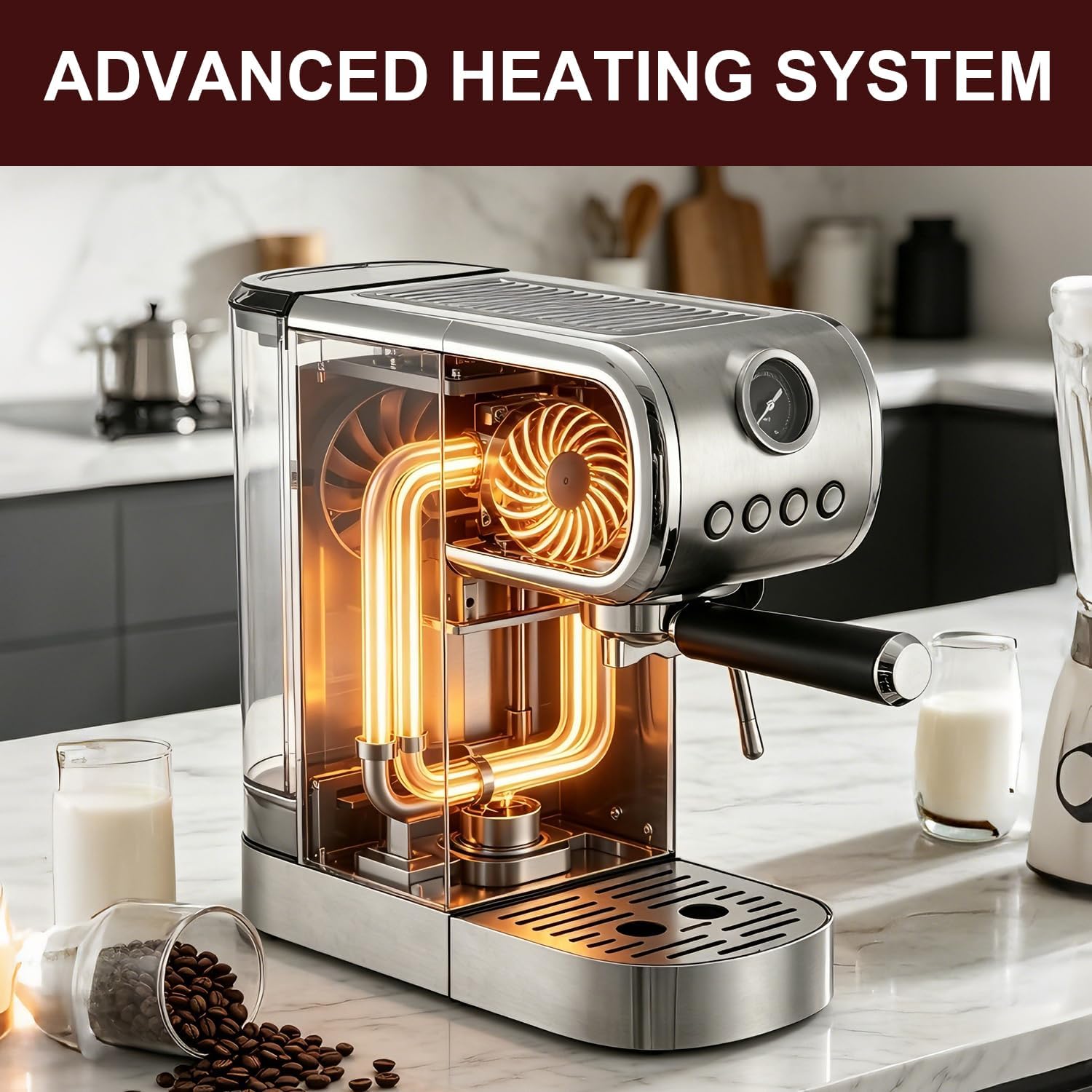 Espresso machine 20 Bar, Espresso Maker with Powerful Steam Milk Frother, Stainless Steel Coffee Machine with Fast Heating System for Latte, Cappuccino
