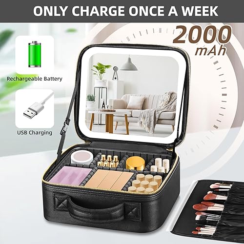 Miniatura 4 de Bolsa de maquillaje con espejo de luz LED, estuche de viaje para maquillaje, organizador de bolsas de cosméticos con divisores ajustables, estuche