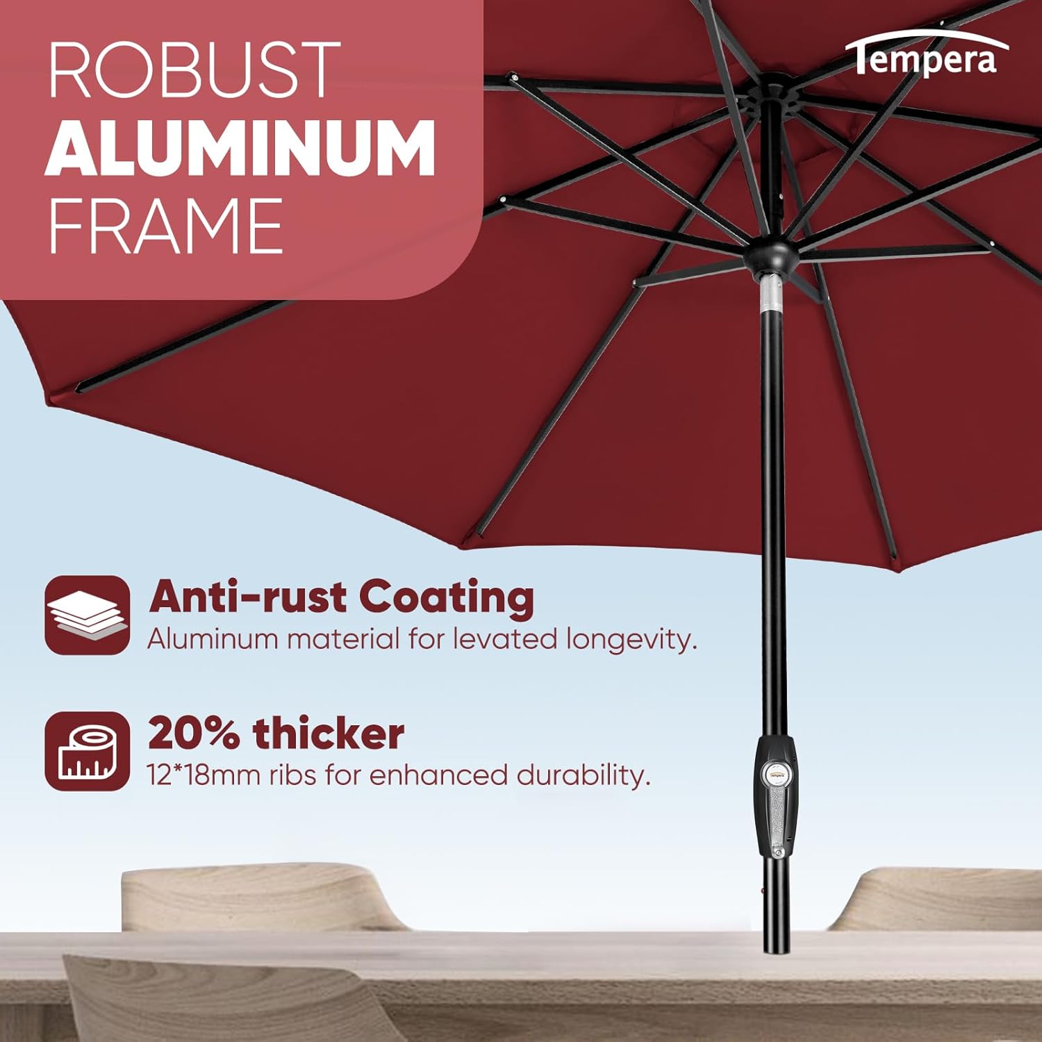 Tempera 10ft Patio Market Outdoor Table Umbrella with Auto Tilt and Crank,Large Sun Umbrella with Sturdy Pole&Fade resistant canopy,Easy to set,Chili