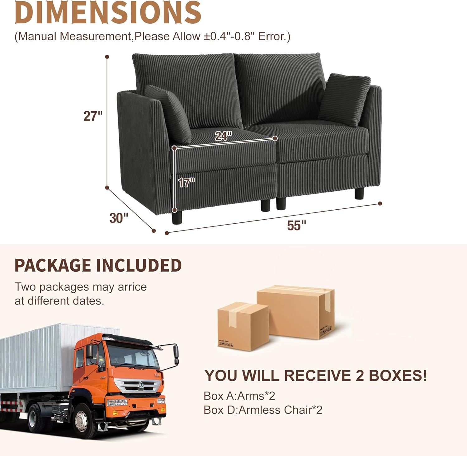 Modular Sectional Sofa with Storage,Convertible Couch, Memory Foam Cushions, Solid Wood Frame, for Living Room & Small Spaces (Grey, 2 seat)