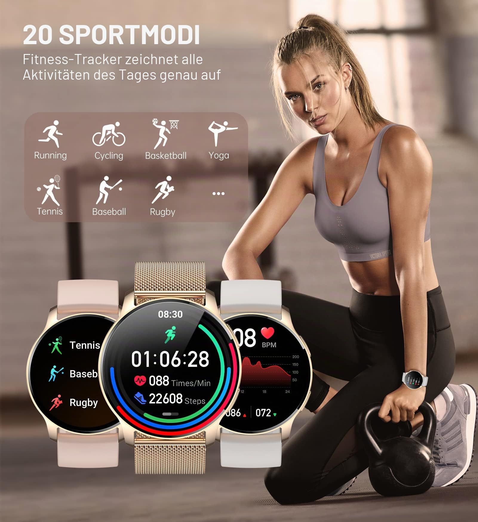 Iaret Smartwatch Damen 1,32 Zoll Touchscreen Fitnessuhr Wasserdicht Schrittzähler Herzfrequenz SpO2 Schlafmonitor