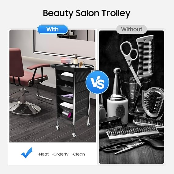 6 Tier Hairdresser Trolley, Beauty Salon Trolley, Hair Spa Rolling Hairdressing Storage Cart Drawers, Hairs Dryer Holder on Wheels, Compartment Trolleys, 52.5*37*90cm, Black, for Beauty Hair Salon Spa