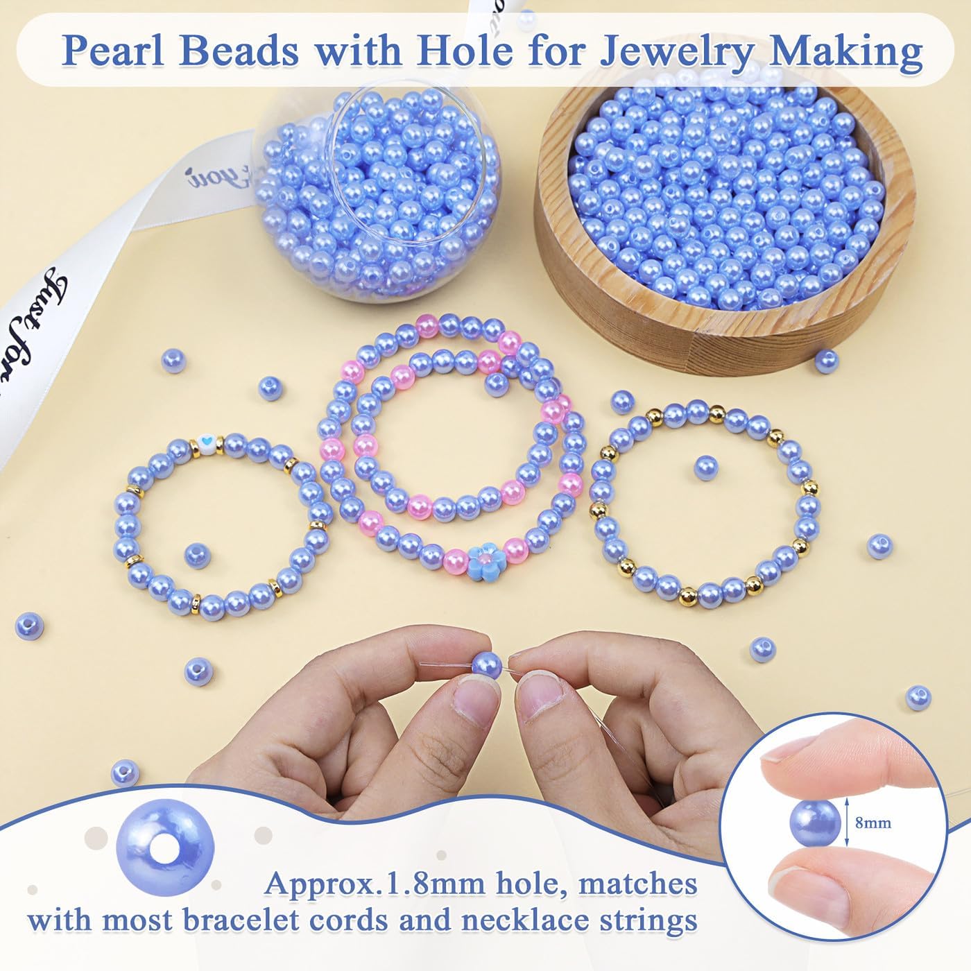 DUQGUHO 8mm Blue Beads for Jewelry Making Blue Pearls Bulk 500PCS Plastic Beads for Bracelets Craft with Holes Hair Pearl Bead for Women