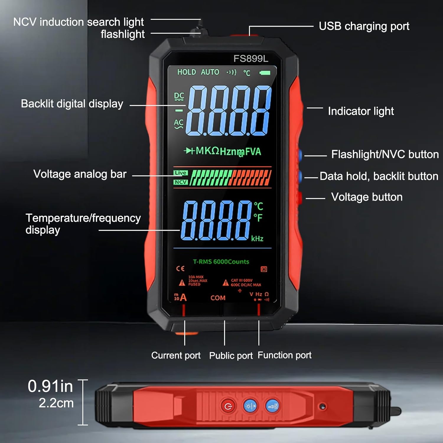 Digital Multimeter with USB Charging Capability Digital Multimeter Fully Automatic Digital-Display FS899L Color Screen for Accurate Electrical Measurements Including Voltage Current Readings(FS899L)