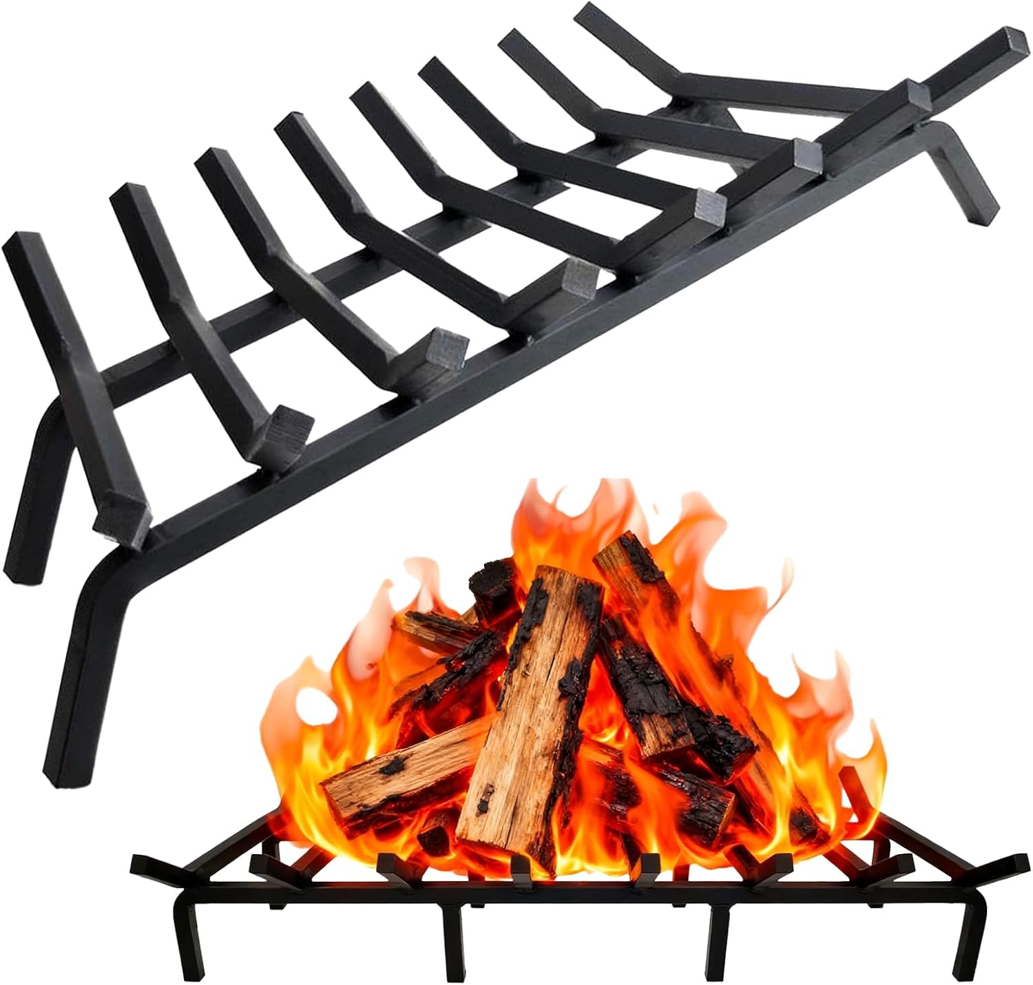 36” Fireplace Wood Rack, Fire Grate with 8 Bars Fireplace Accessories, Cast Iron Fireplace Grate for Indoor Fireplace & Outdoor Fire Pit, No Assembly (36 Inch)