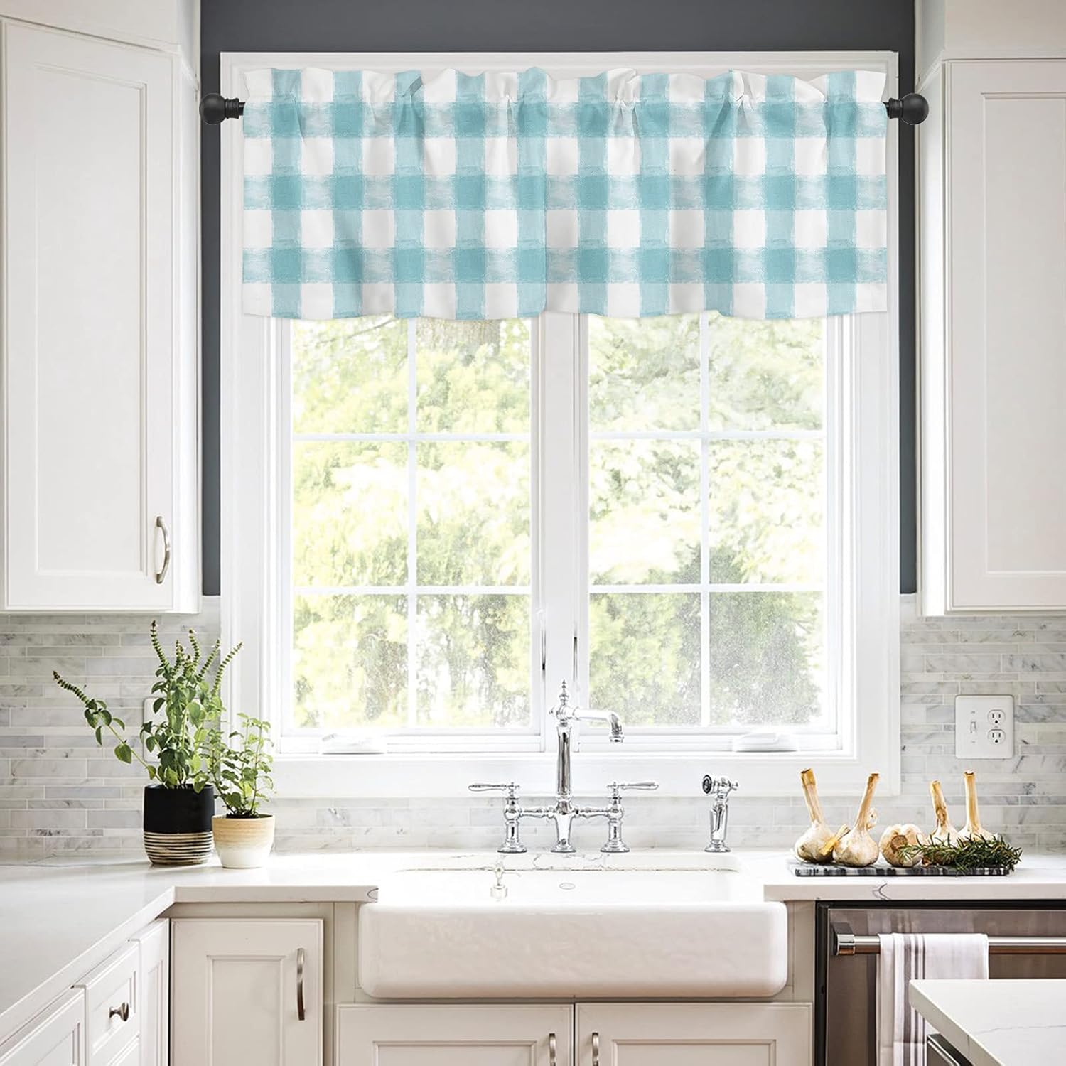 ALAGEO Kitchen Curtain Valance and Tiers Set Buffalo Check Watercolor Rod Pocket Kitchen Tier Curtains Valance Set 3 Piece Aqua White Plaid Farmhouse Window Curtain Valance Tier Set 54 in x 24 in