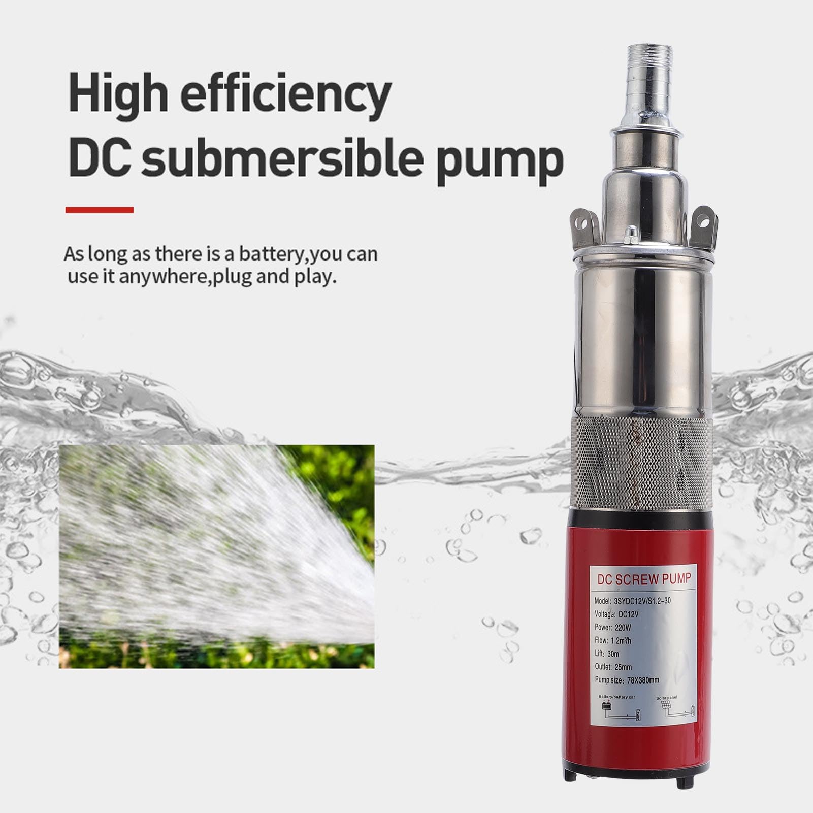 Eujgoov Pompa a Vite in Acciaio Inossidabile 220 W per Irrigazione Pompa Sommersibile Pozzo Profonda con Cavo di Alimentazione 10 Metri