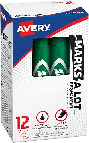 Avery Marks-A-Lot - Marcadores permanentes, tamaño regular de escritorio, punta de cincel, resistentes al agua y al desgaste, 12 marcadores verdes