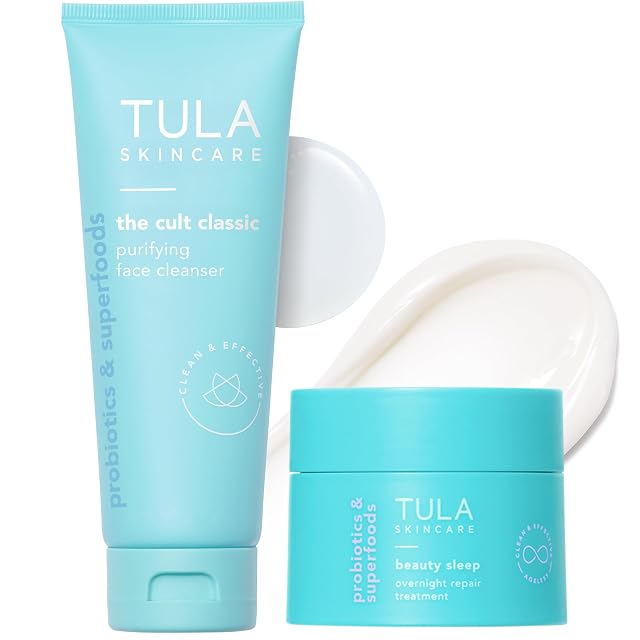 TULA Skin Care Nighttime Duo - Cleansing Hydrating Travel Size includes The Cult Classic Purifying Face Cleanser Beauty