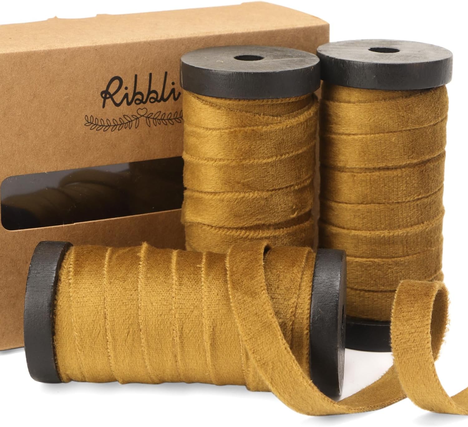 Ribbli Antique Gold Velvet Ribbon 3 Rolls Double Faced 3/8 Inch 18-Yard with Wooden Spool Use for Christmas Tree Ornaments Gift Wrapping Wreath Decoration Wedding Boutonnieres