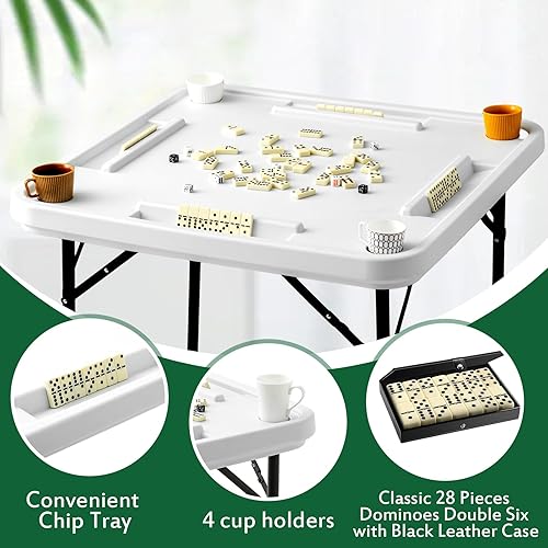 Miniatura 3 de Juego de mesa de juego de dominó plegable de 2 piezas, mesa de plástico de 38 pulgadas y dominó estándar con caja de cuero, mesa cuadrada con 28