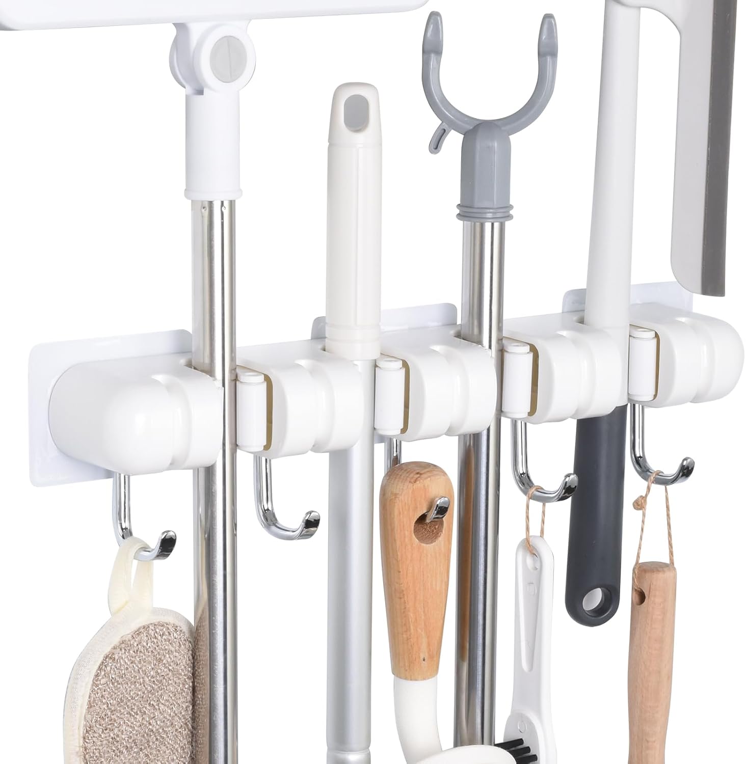OTraki Broom Holder Wall Mount, No Drill Mop and Broom Organizer with 4 Slots and 5 Hooks, Garden Tool Hanger for Laundry Room Closet Kitchen Garage Storage and Organization