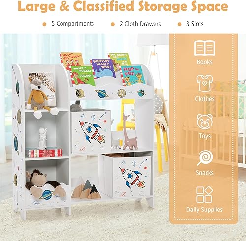 Miniatura 22 de Costzon Organizador de juguetes y libros para niños, armario de almacenamiento de madera con 5 estantes, 2 cajas y 3 ranuras, perfecto para sala de