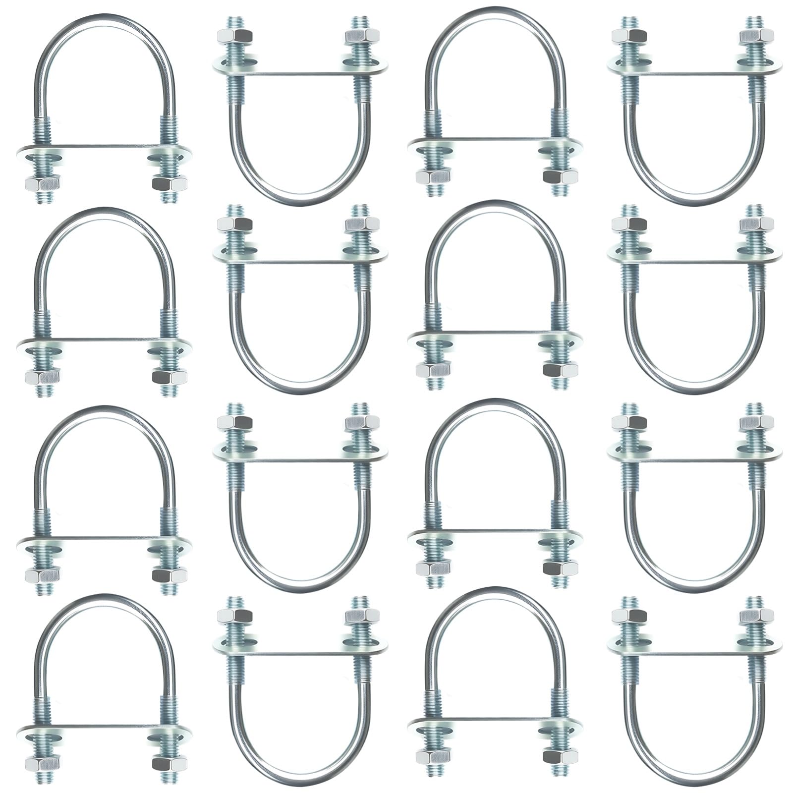 16 Stk. M6 U-Bolzen-Set mit Muttern, 3,5 in Gesamthöhe, 1,6 in Innenbreite, verzinkter Stahl, 0,2 in Stabdurchmesser, U-Klemmen für Rohre, silber