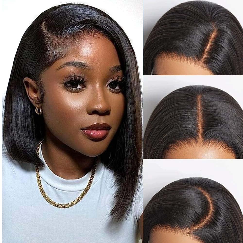 10 Inch Straight Bob Wig Human Hair 13x4 HD Lace Front Pre Plucked 180% Density Glueless HD Transparent Lace Wig for Black Women Natural Black Short Bob Wigs with Baby Hair
