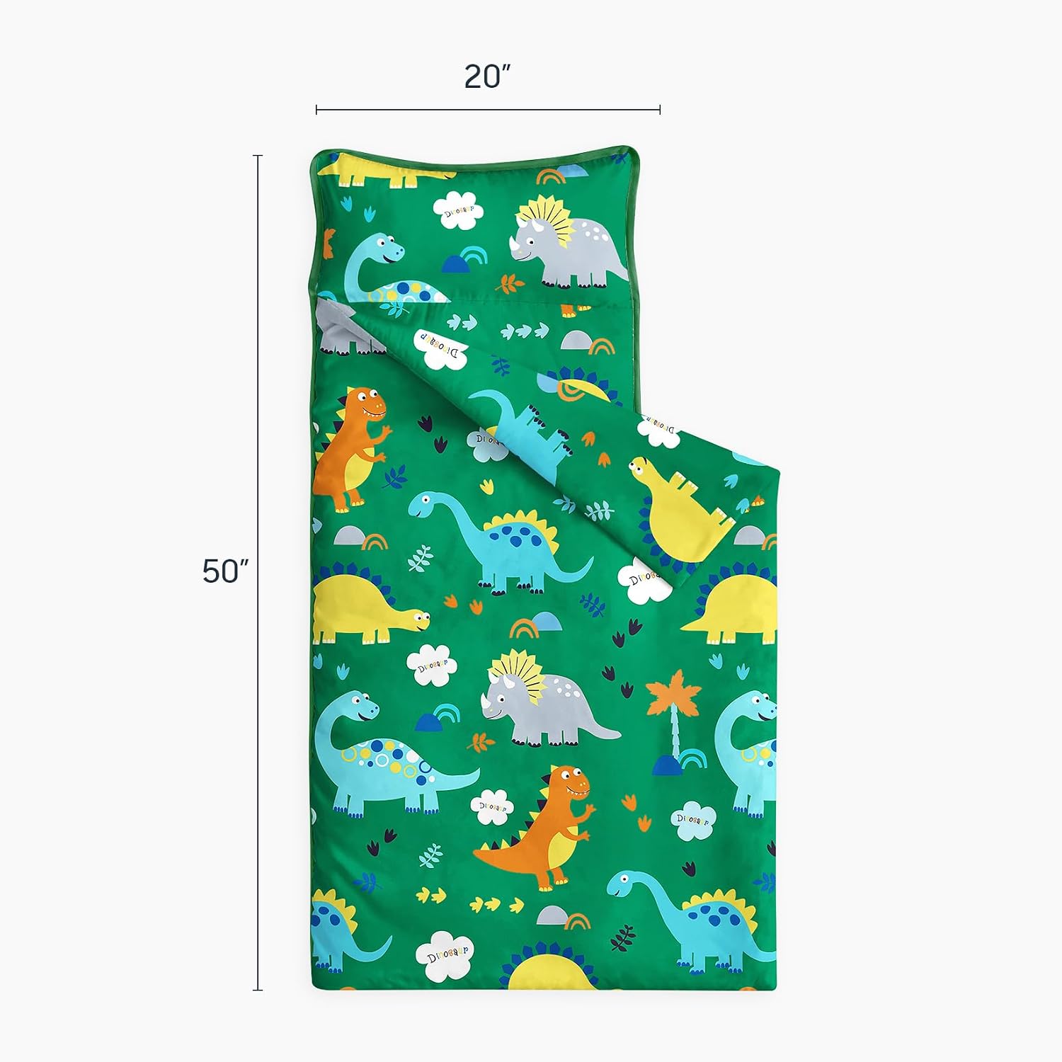 Wake In Cloud - Toddler Nap Mat with Pillow and Blanket, 100% Cotton Fabric, for Kids Boys Ages 3 Plus in Daycare Kindergarten Preschool, Roll Up Sleeping Bag, Cute Dinosaurs