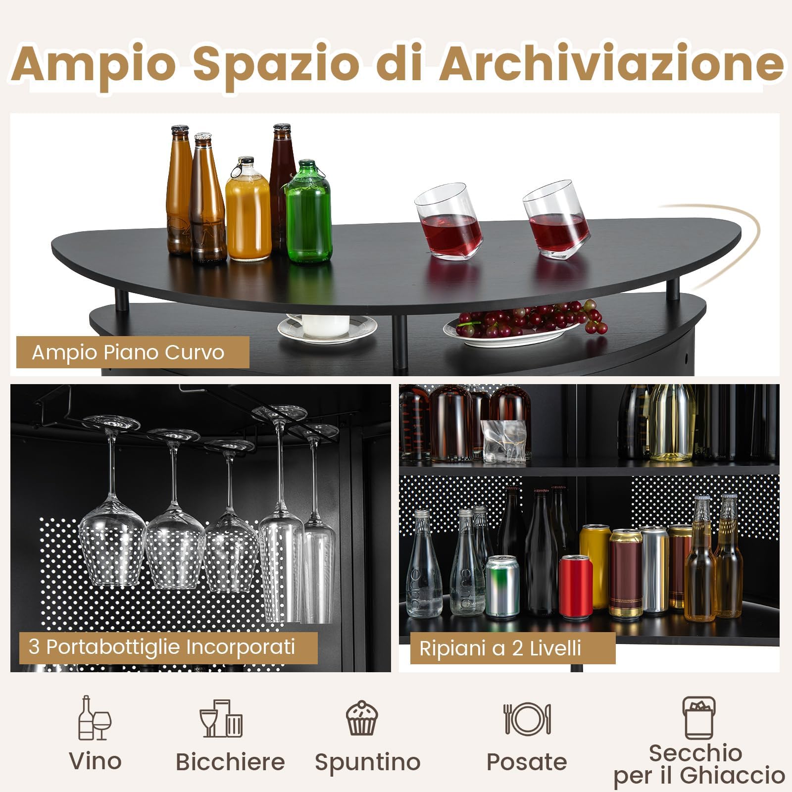 RELAX4LIFE Tavolo Bar Semicircolare con 4 Ripiani e 3 Supporti per Calici, Piano Curvo in Metallo Perforato con Poggiapiedi Integrato, per Cucina, Soggiorno o Angolo Bar (Nero, 110,5 x 48 x 112,5 cm)