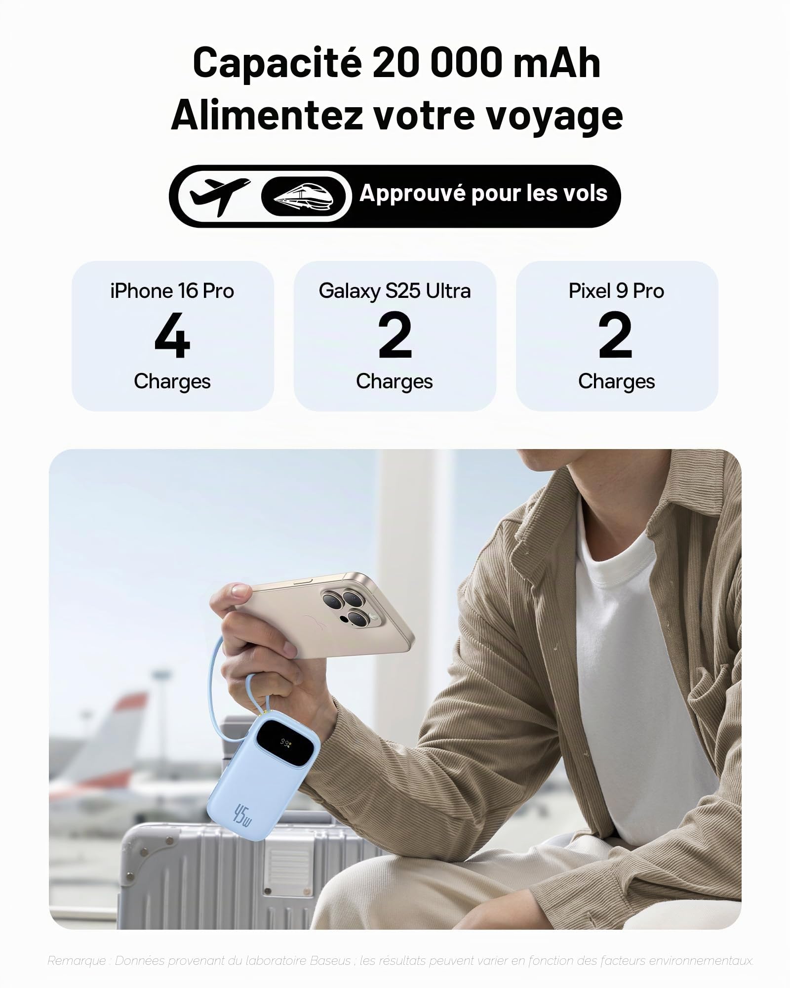 Baseus QPow3 Powerbank 45 W 20 000 mAh avec 2 câbles USB-C intégrés, batteries externes PD3.0 QC4.0, 3 C 1 A, Power Bank pour iPhone 16/15/14 Pro Max, iPad, Samsung, bleu