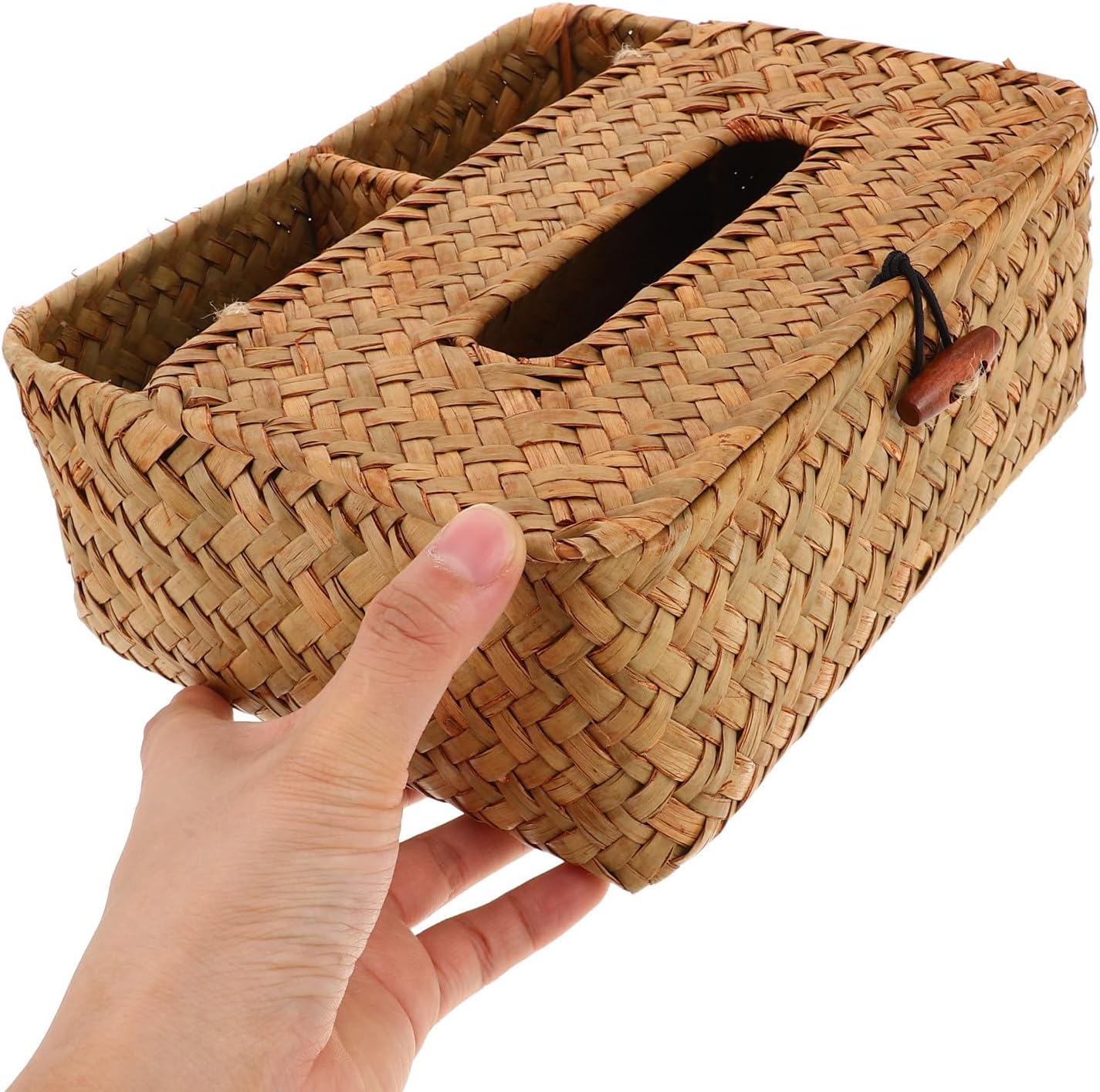 Boho Straw Desktop Tissue Storage Box with Dustproof Lid and Divided Compartments, Smooth Safety Edges for Remote Control Storage, for Bedroom and Home Organization