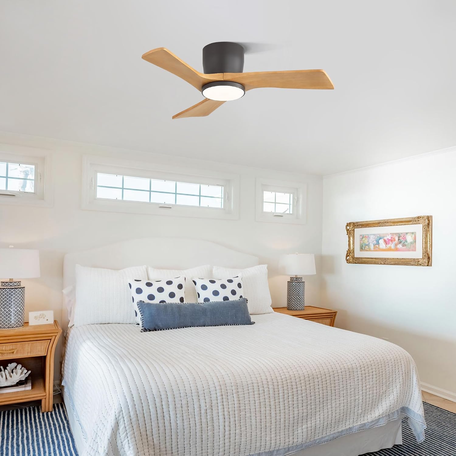 WINGBO 36 Inch Ceiling Fan with Light and Remote, Low Profile Flush Mount Modern Ceiling Fan, 3CCT Dimmable Light, Quiet Reversible DC Motor, 6 Speed, Dark Gray/Beech Wood, for Bedroom, Kitchen image 2